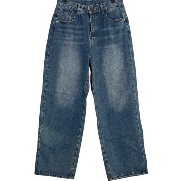 Evis Vintage Straight Wide Leg Mid Rise Full Length Casual Denim Jean Zip 8 Blue - Picture 11 of 15